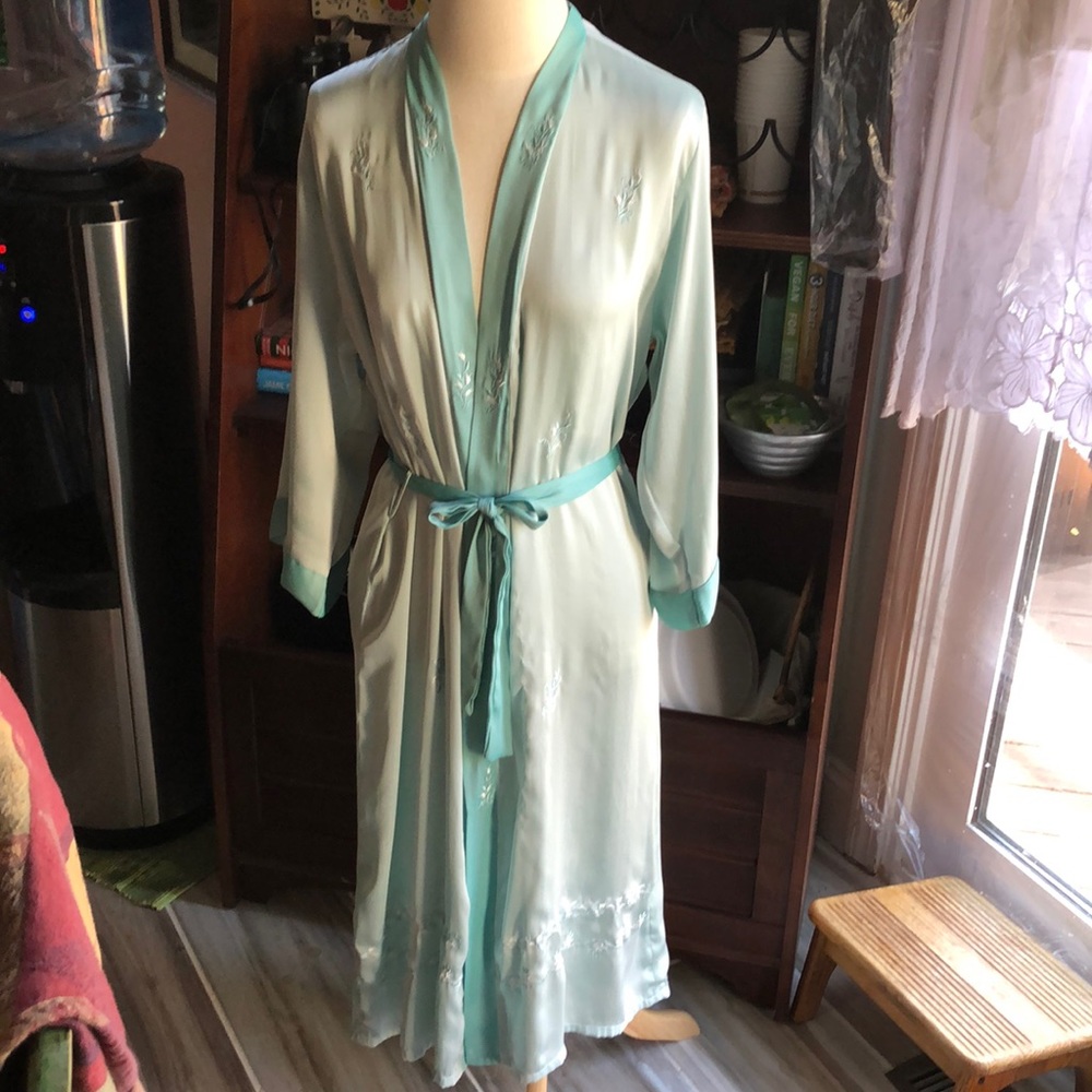 Yani polyester silky feel kimono style robe.